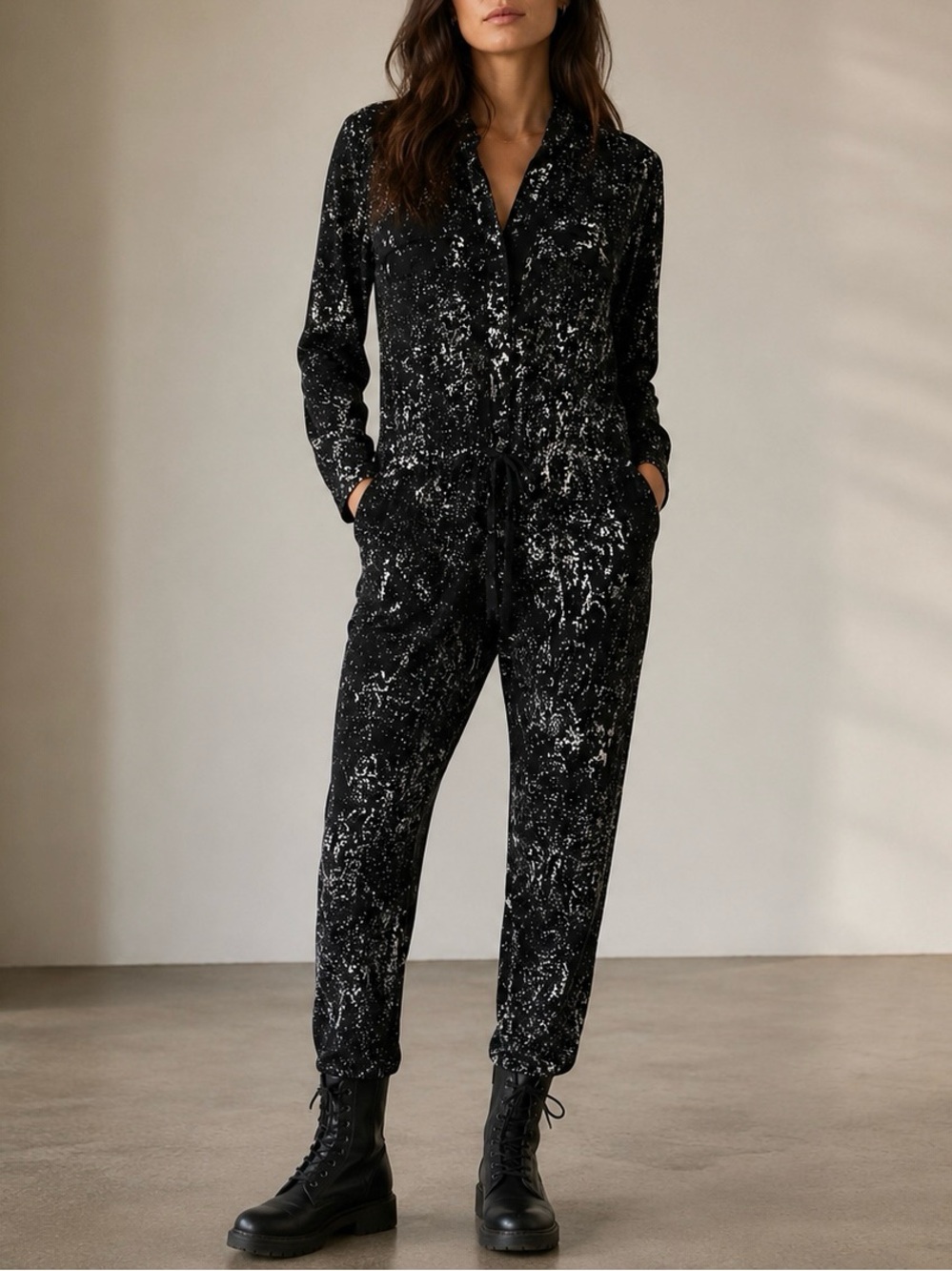 ENZA COSTA Paint Splatter Long Sleeve Carpenter Boilersuit Jumpsuit